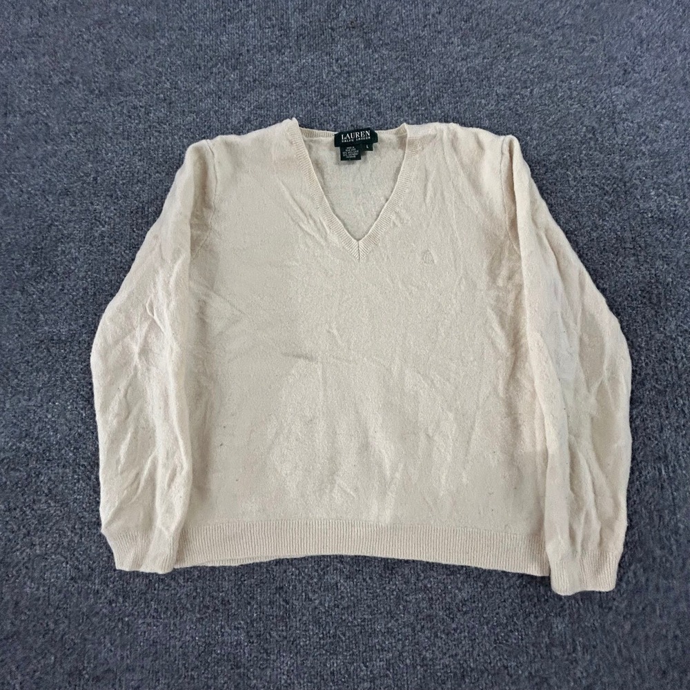 Lauren Ralph Lauren Sweater Womens Size L Wool Cashmere Beige V-Neck Long Sleeve